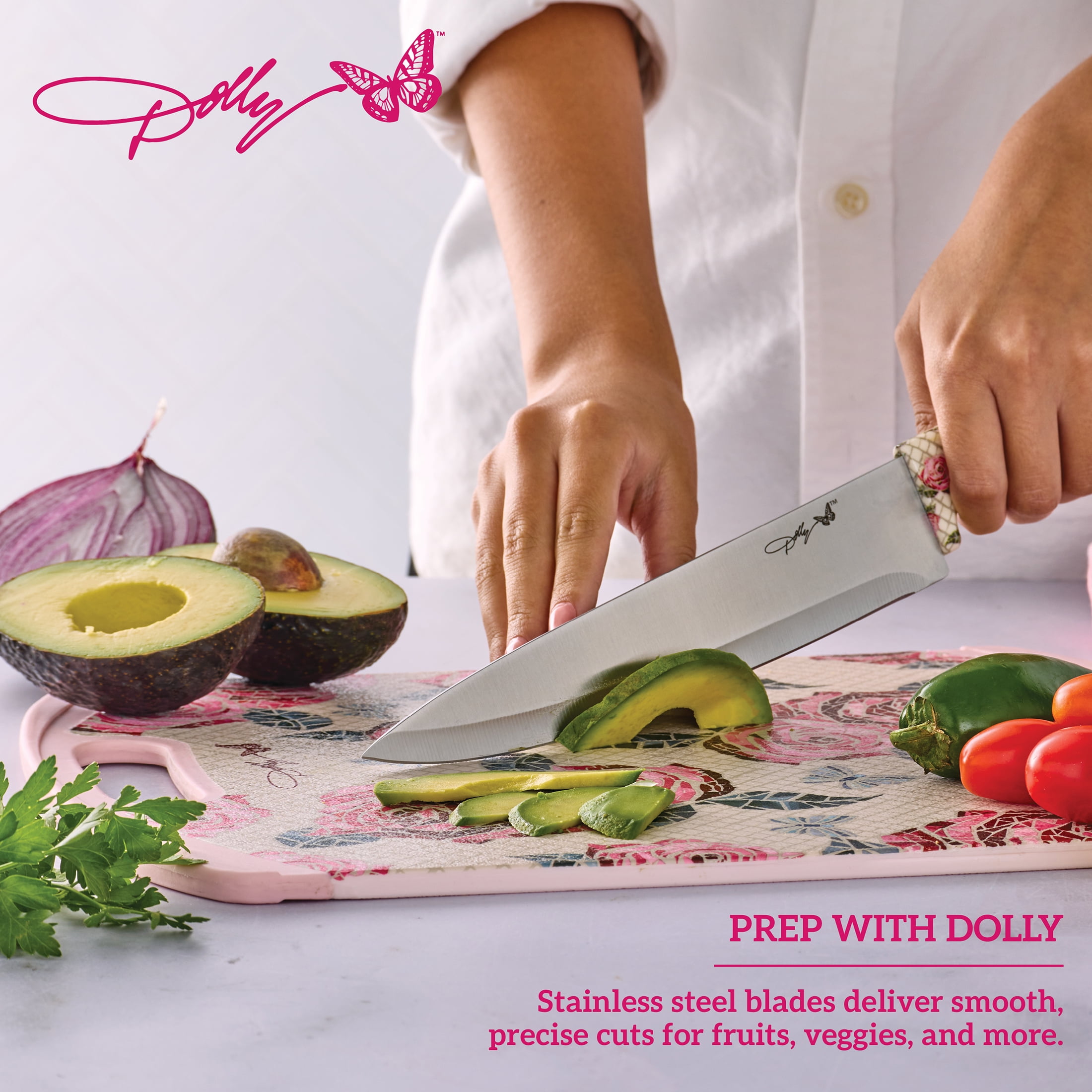 Dolly Parton 3-Piece Chef Knife Set with Rose Pattern Handles for Kitchen Prep