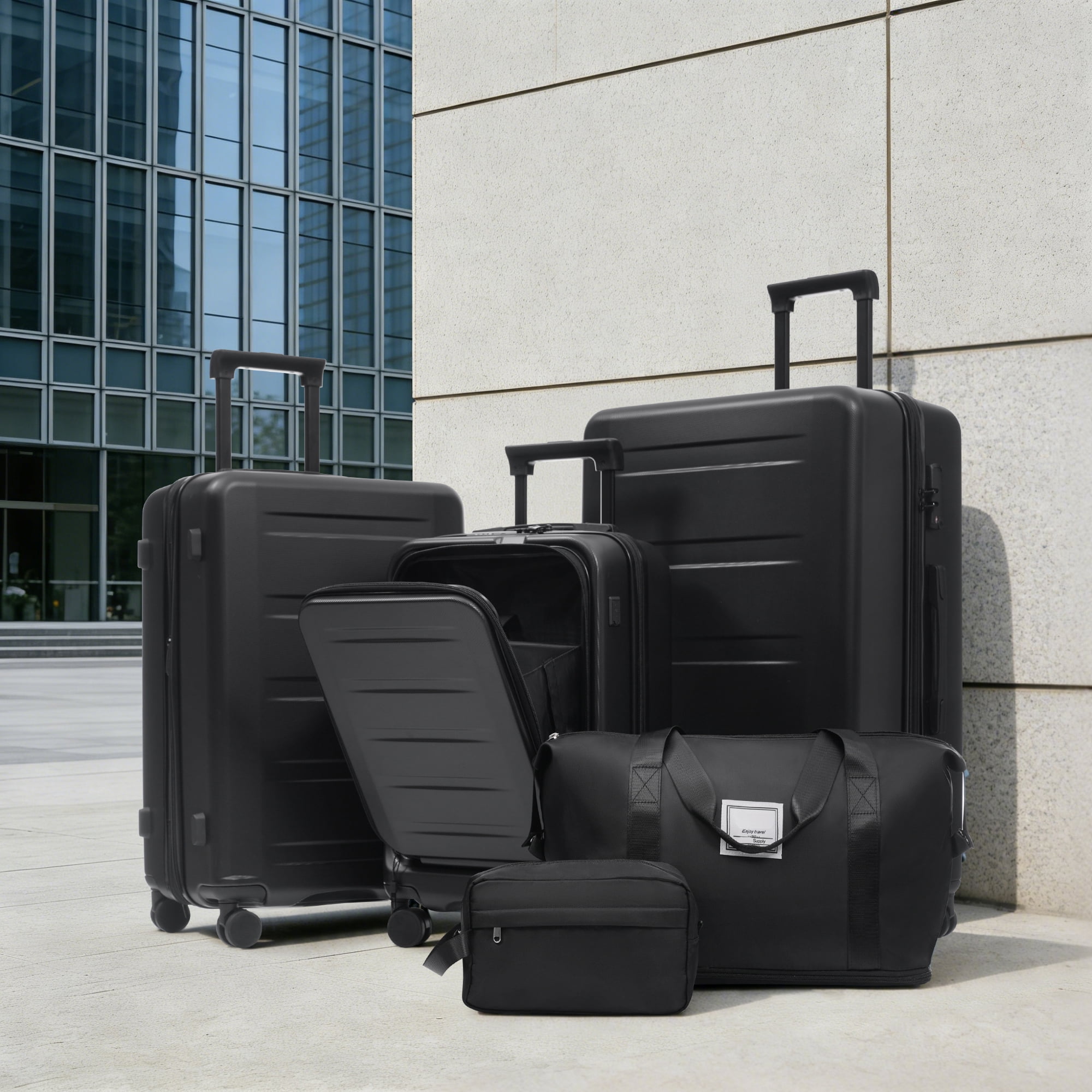 Euroco 5 Piece Front Opening Luggage Sets, Hardside Expandable Carry On Suitcase Set with USB Port,TSA Locks, Spinner Wheels and 2 Bags,Lightweight Travel Luggage for Men Women(20"/24"/28"),Black