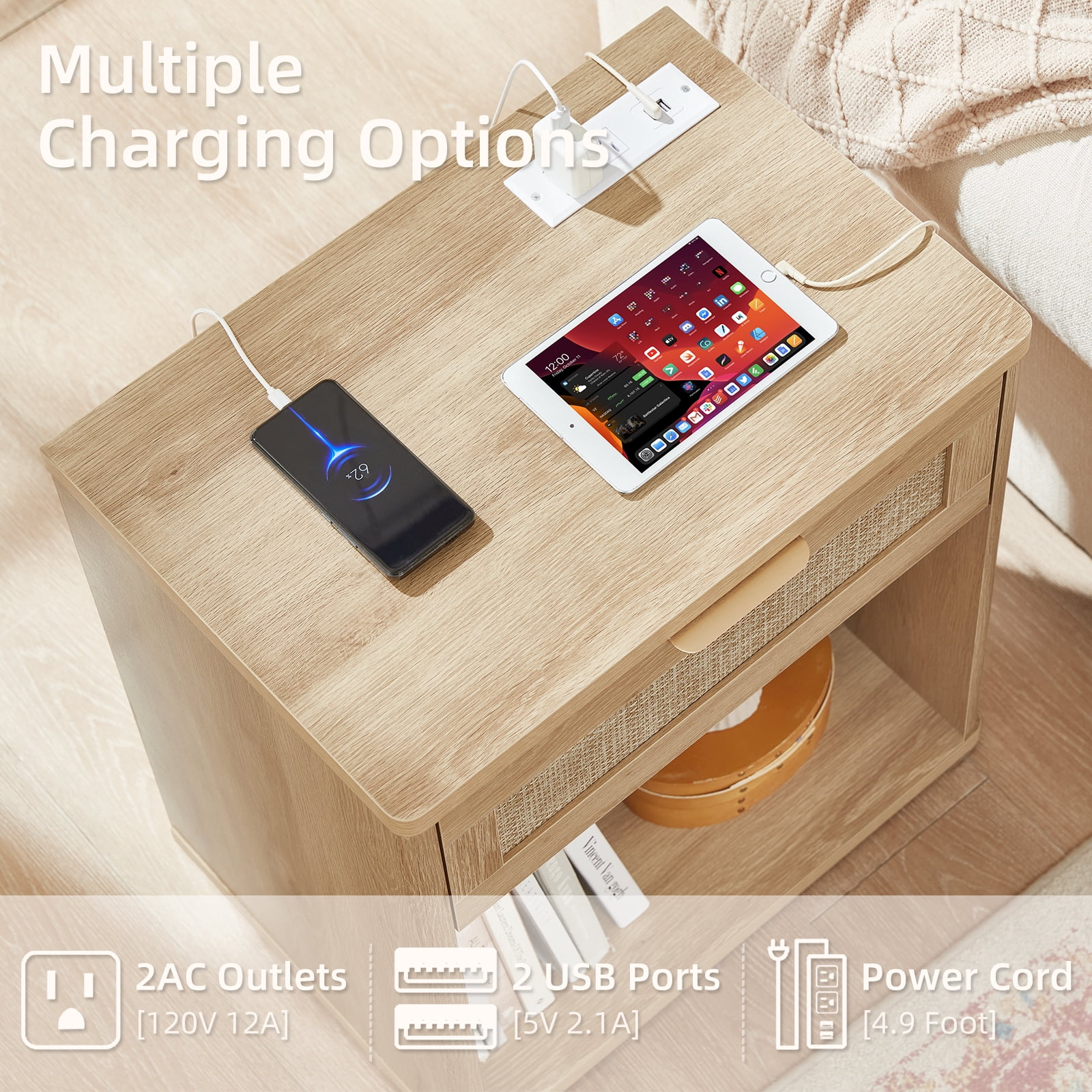 LELELINKY Rattan Nightstand with Charging Station, 23" Wide Boho Bedside Table with Drawer and Shelf for Bedroom, Living Room, Wood