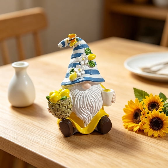 Lemon Decor Garden Gnome, Blue White Striped Hat Mediterranean Decor Resin Figurines, Lemon Party Decoration for Home Kitchen Office Tiered Tray, All-Season Gnomes Gifts,3.94*2.95in