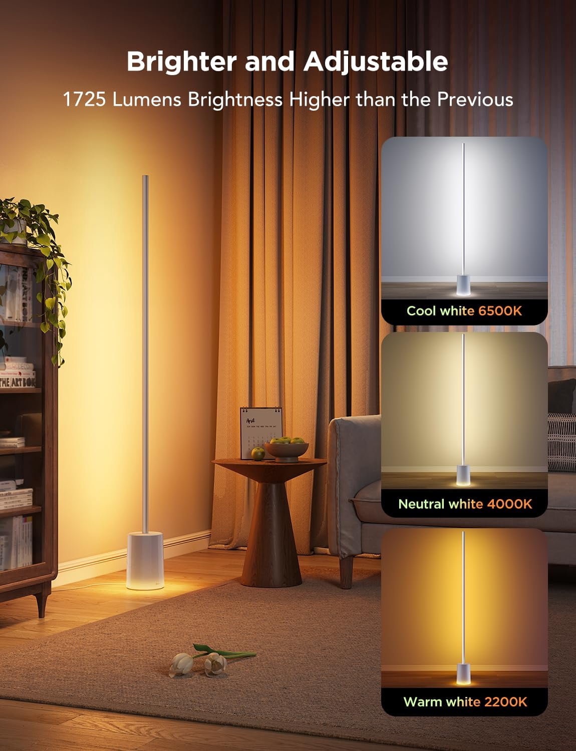 Govee Floor Lamp 2  Rgbic Warm Cool White Led Compatible With Smartthings Matter Alexa 1725lm Music Sync Scene Modes Smart For Living Room Bedroom Silver(1 Pack)