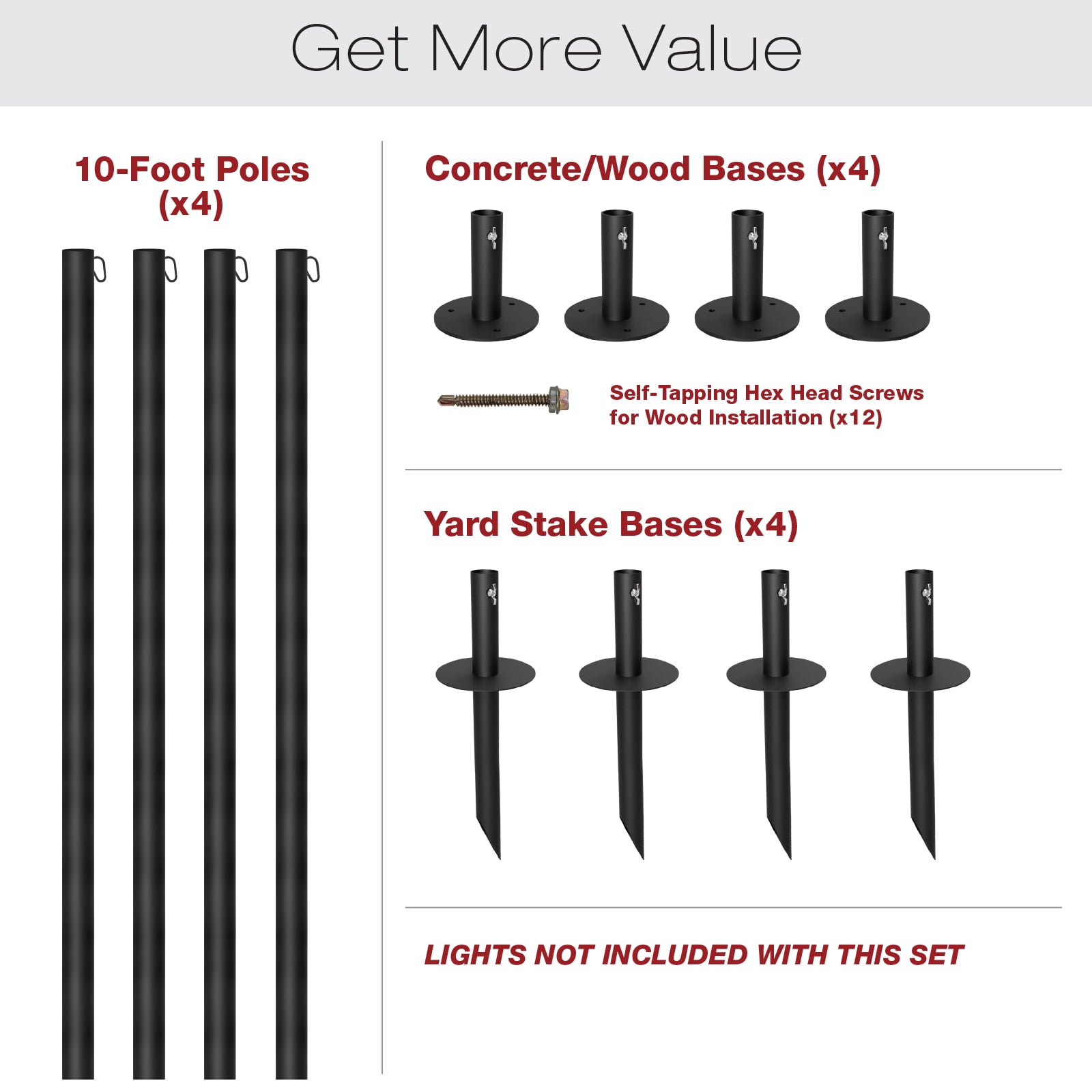 Excello Global Products EGP-HD-0361 Bistro Outdoor String Light Poles for Backyard, Universal Mounting Options Included, Extends to 10 Feet, 4 Pack, Poles Only