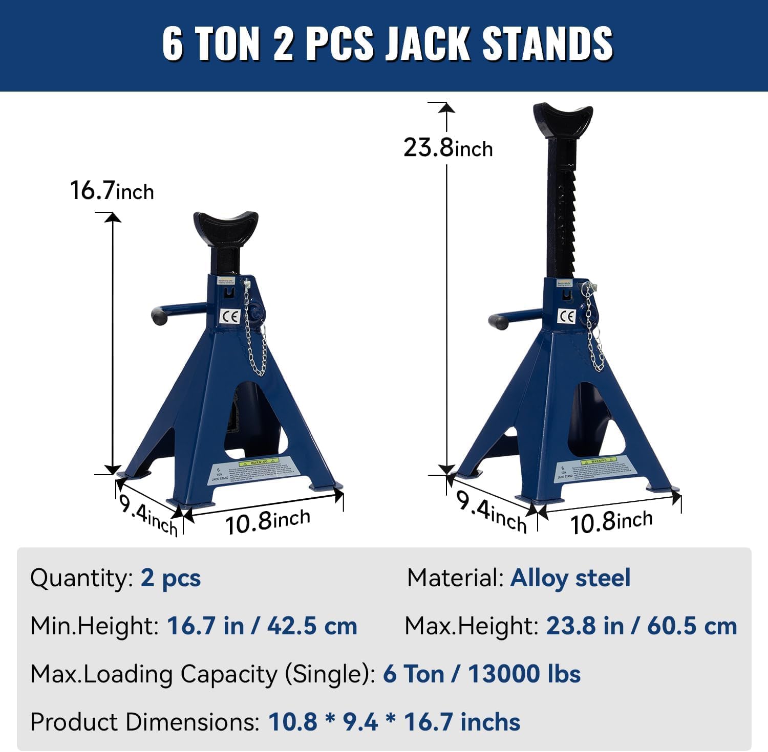 HPDMC 6 Ton (13,000 lbs) Heavy Duty Steel Jack Stands - 1 Pair, Double Locking Adjustable Jack Stands with Wide Pyramid Base & Large Saddle, 16.7" - 23.8" Lifting Height