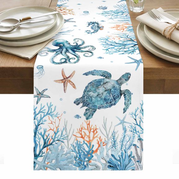 Blue Turtle Coastal Table Runner - 48 Inch Long, Kitchen Dining Table Runner Dresser Scarves, Octopus Summer Beach Coral Starfish Farmhouse Decor for Coffee Tables Wedding Party Banquet