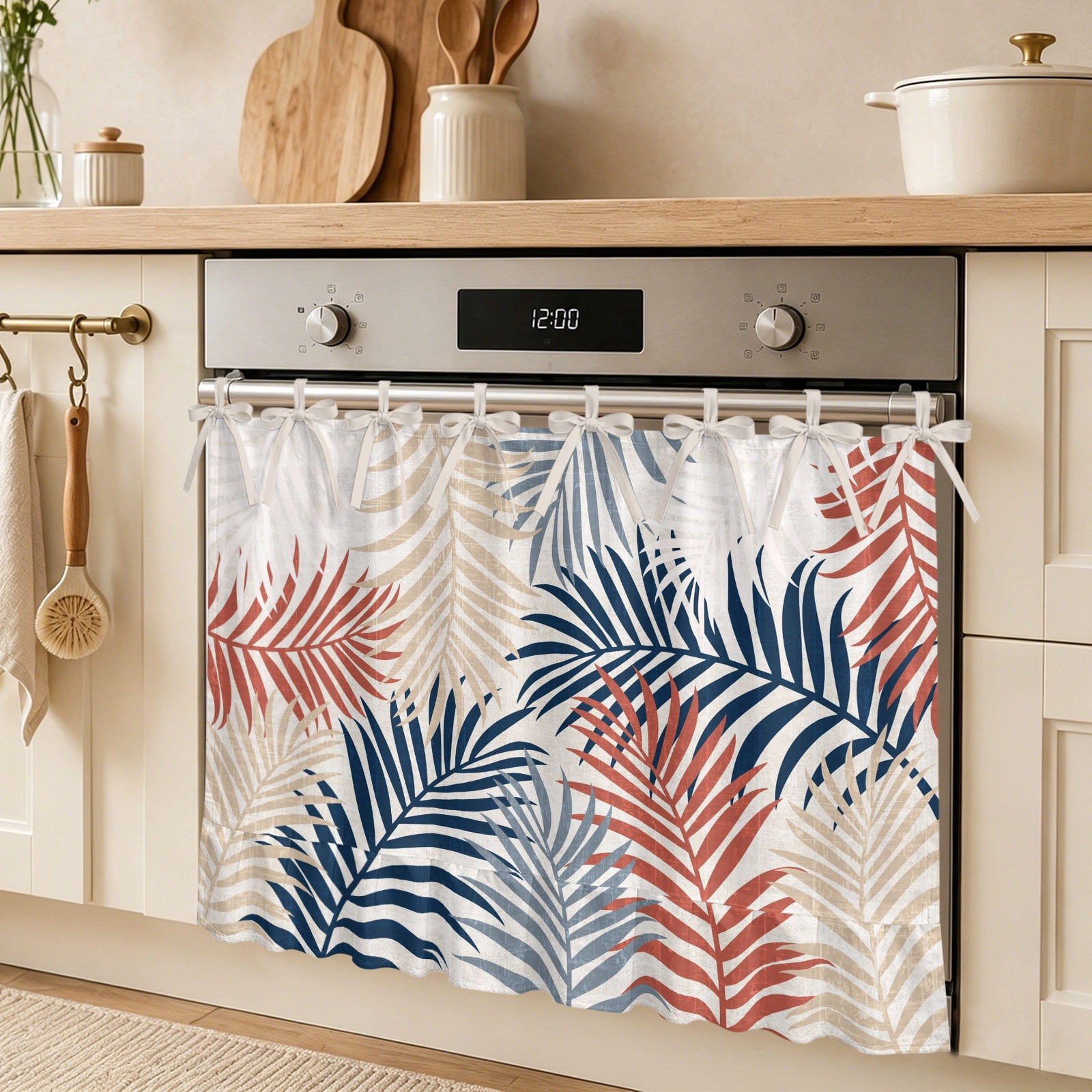 Beige Blue Palm Leaves Oven Skirt Curtain Summer Botanical Vintage Tropical Leaf Rustic Tie Top Tier Curtains Stove Dishwasher Skirt Small Window Drapes for Kitchen Bathroom Cafe 30 x21.5