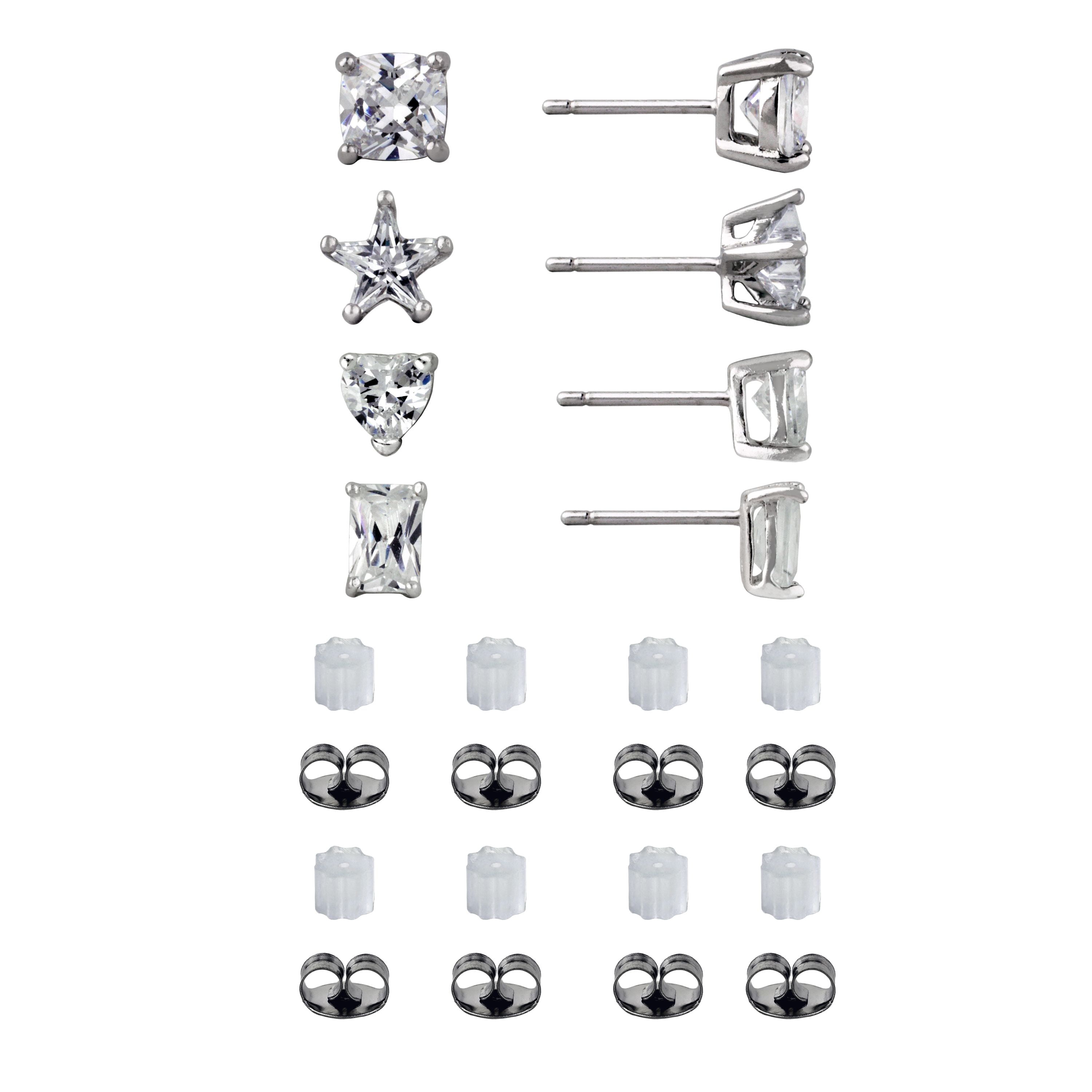 Brilliance Fine Jewelry Women's Simulated Diamond 4 Pair Multi Shape Earring Set in Sterling Silver
