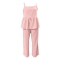 thumbnail image 4 of FINALGANG Toddler Kids Girls Solid Color Two Piece Outfit Spaghetti Strap Peplum Top Wide Leg Pants Casual Summer Set For Daily Wear Casual Outfit, 4 of 4