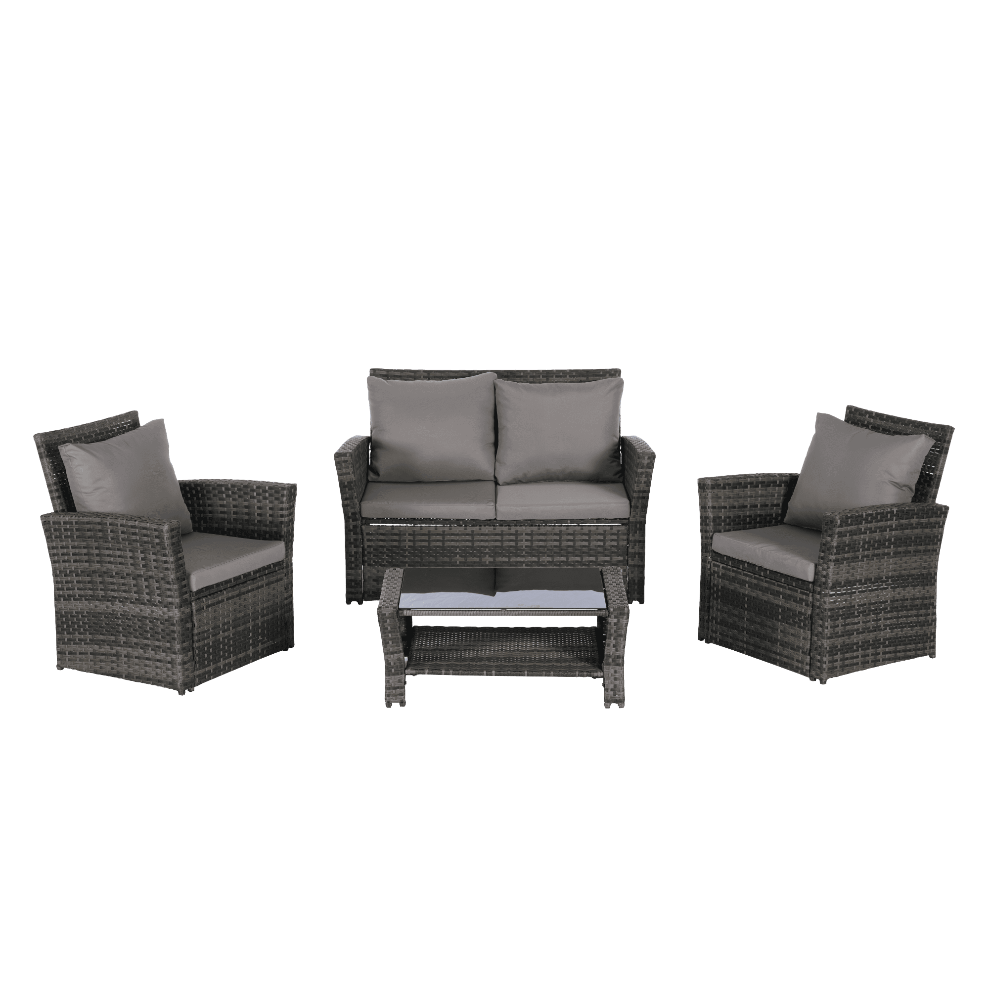 Leumius 4 Piece Patio Furniture Set,Outdoor Patio Furniture Set All-Weather Rattan Wicker Patio Conversation Set with Tempered Glass Coffee Table & Cushions for Garden & Backyard,Dark Gray