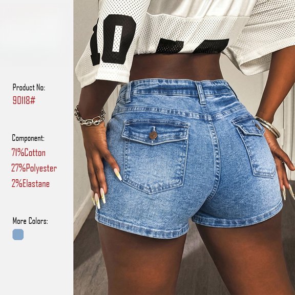 Women High Waist Light Wash Denim Shorts Button Flap Back Pockets Casual Slim Fit Short Jeans