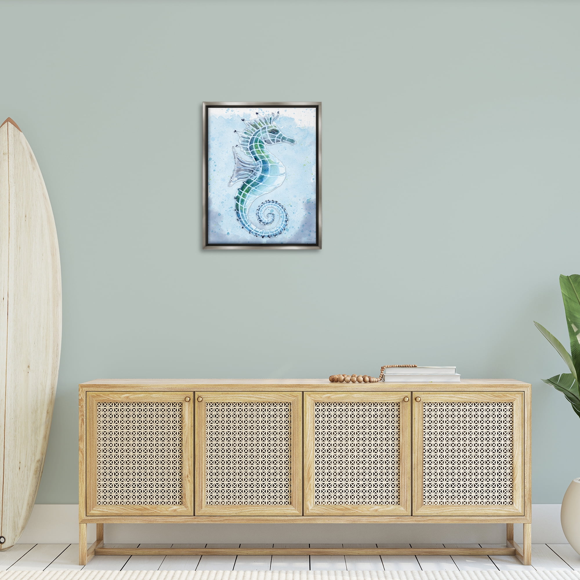 Stupell Industries Stained Glass Seahorse Nautical & Beach Painting Gray Floater Framed Canvas Art Print Wall Art, 25 x 31