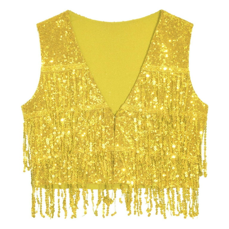 YONGHS Womens Sequin Fringe Vest Sparkle Open Front Waistcoat