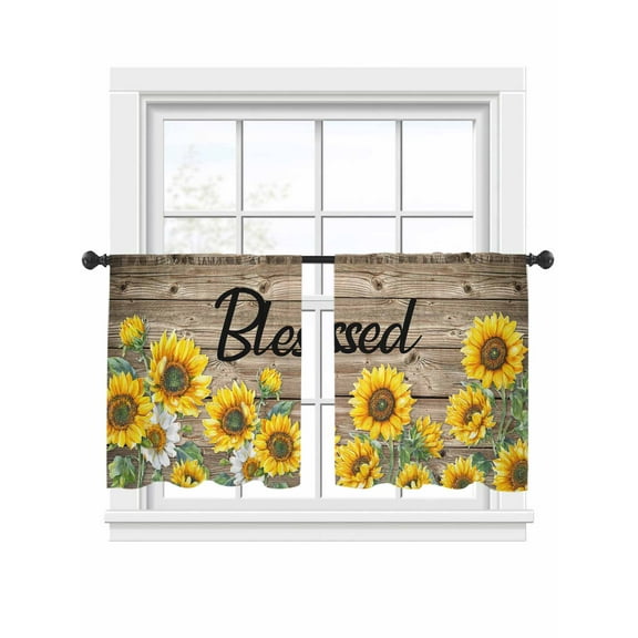 Sunflower Blessed Sheer Curtains 54 Inch Long 2 Panels, Floral Farm Vintage Wood Striped Texture Light Filtering Rod Pocket Semi Sheer Curtains, Sheer Voile Drapes for Living Room Bedroom, 52"x54"