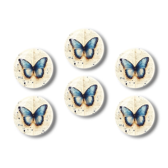Glass Refrigerator Magnet 6Pcs Magnetic Fridge Sticker,Decor for Kitchen,Whiteboard,Cabinet,Blue Morpho Butterfly On Vintage Manuscript