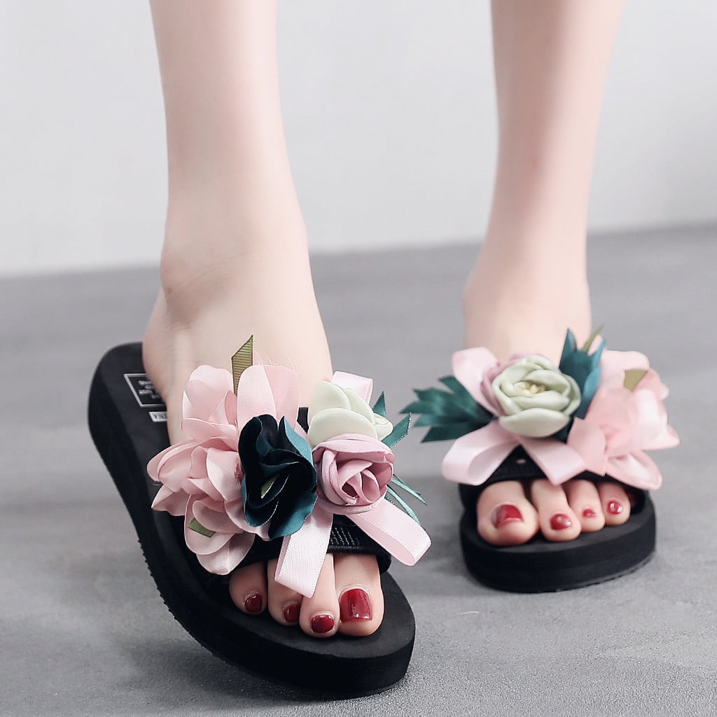Womens Boho Flowers Wedge Platform Sandals Flip Flops Shoes Summer Casual Outdoor Slippers