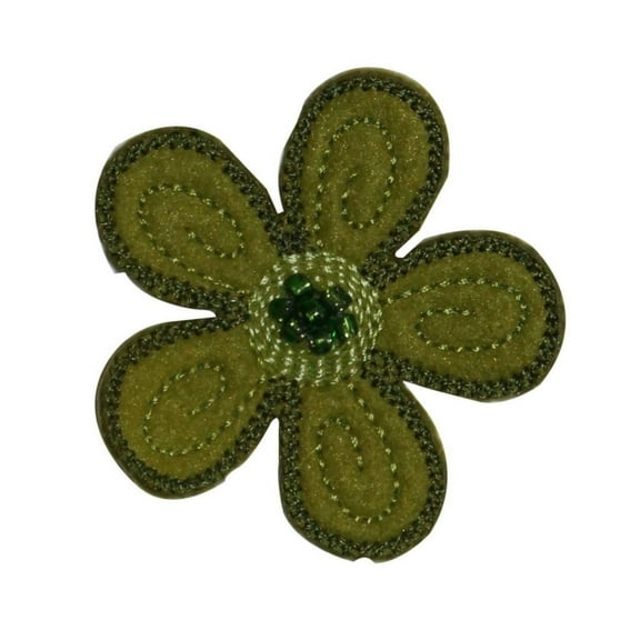 ID 6651 Beaded Green Daisy Patch Flower Blossom Head Embroidered IronOn Applique