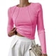 thumbnail image 1 of Camisas de Larga para Mujer, Corte Entallado, Cuello Redondo, Ropa de Otoño, Costuras Expuestas, Blusas Básicas Acanaladas. Rosa L, 1 of 7