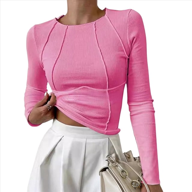 Camisas de Larga para Mujer, Corte Entallado, Cuello Redondo, Ropa de Otoño, Costuras Expuestas, Blusas Básicas Acanaladas. Rosa M