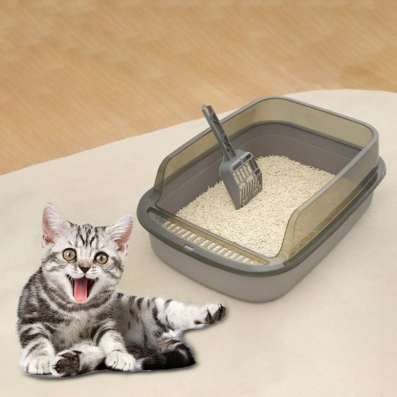 Large Open Cats Litter Box Kitty Litter Pan, Cartoon Appearance, Heighten Cat Sandbox, Splashproof Cat Toilet Cat Litter Tray, Gray