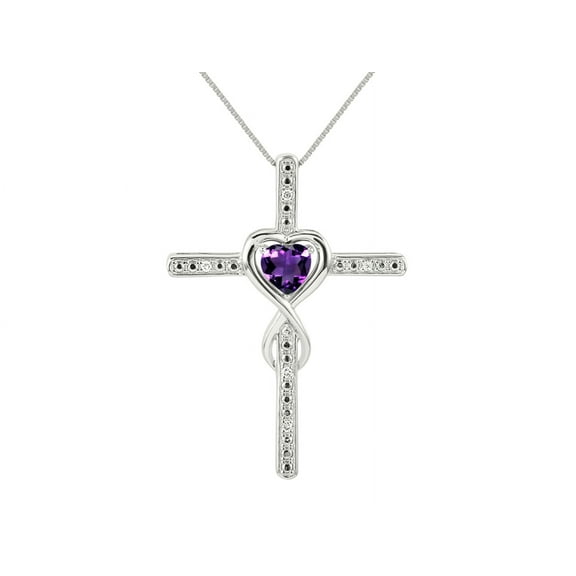 RYLOS Women's 14K White Gold Heart Gemstone & Diamond Cross Necklace. 6MM Amethyst February Birthstone Womens Jewelry Gold Necklace