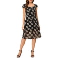 thumbnail image 1 of Vestido midi floral de manga corta con escote corazón y fruncido en la espalda, negro, talla XS, 1 of 5