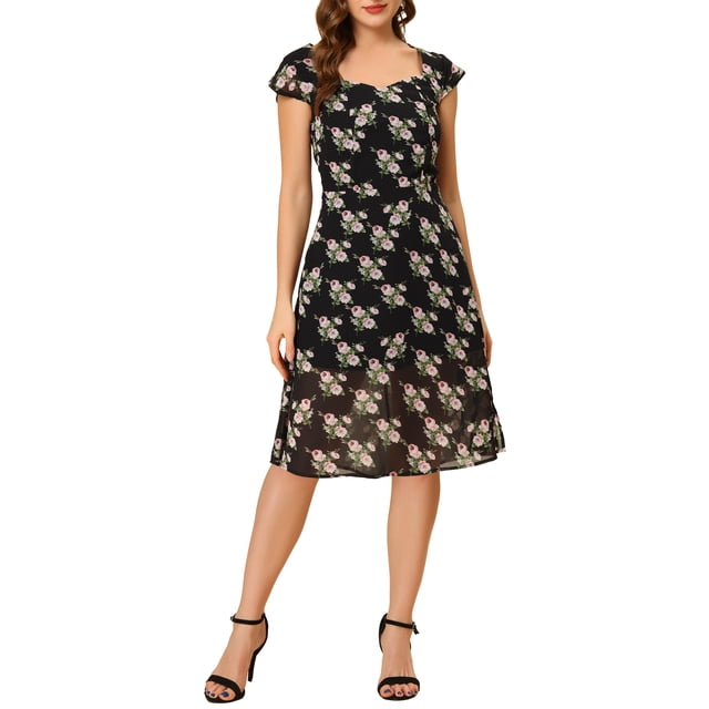 INSPIRE CHIC Vestido Midi Floral de Cuello Corazón con Mangas Cortas Fruncidas para Mujer Negro M