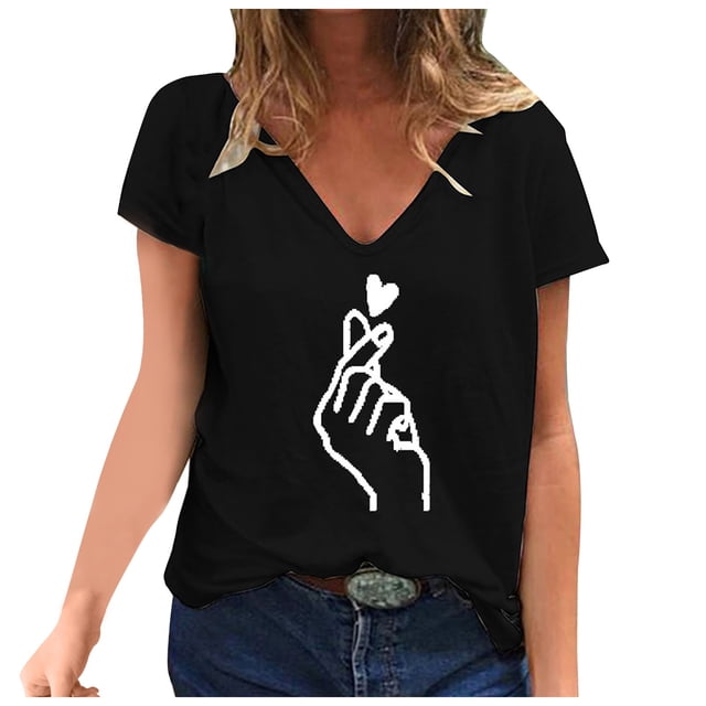 T-Shirt à Col en V d'Été Décontracté pour Femmes, Imprimé, à Manches Courtes
