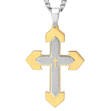 Men's Two-Tone Stainless Steel Lord's Prayer Cross with 24" Curb Chain - Mens Pendant