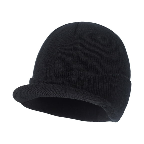 Qwertyu Mens Knitted Beanie Hat with Short Brim Cuffed Ribbed Skull Cap Stretch Fit Casual Streetwear Winter Headwear for Adults A