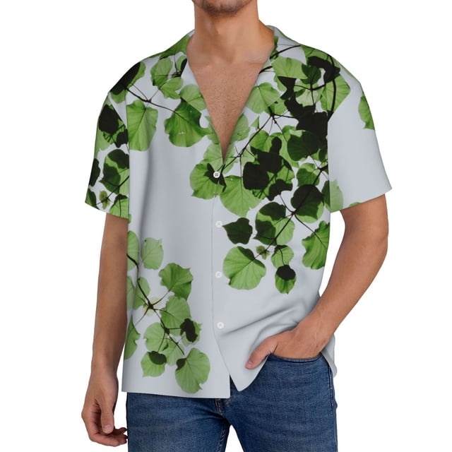 Balery Watercolor Green Leaves Camisa Casual de Manga Corta con Botones para Hombre, Texturizada, Estilo Cubano, para Playa, Verano-X-Large