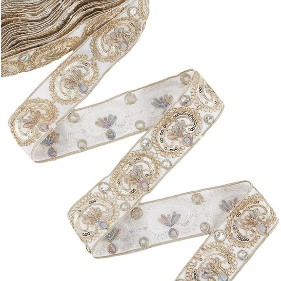 10 Yards 2 Inch White Floral Embroidery Trim Tape Sequin Bead Jacquard Ribbon Flower Boho Embroidered Woven Fabric Applique Ribbons for Sewing Making Crafts Clothes Christmas Bridal Costumes