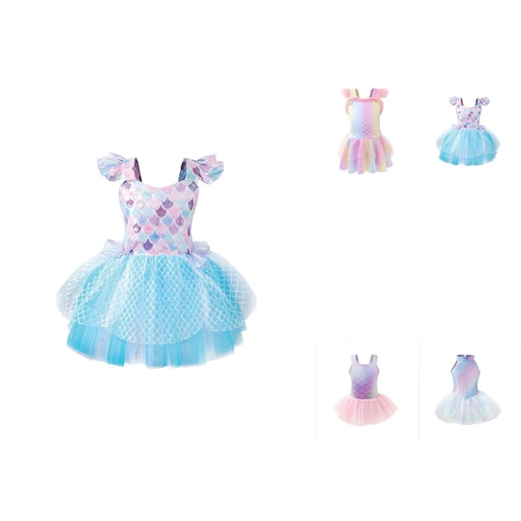 Girls Tail Swimsuit 3-Piece Tankini Set with Sparkly Scale Design, Ruffle Top and Matching Shorts
