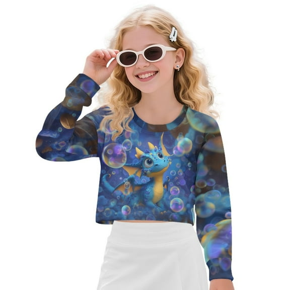 DISNIMO Axolotl Print Girl Crop Tops Long Sleeve Cropped Sweatshirts Fashion Crew Neck Pullover Tops Loose Fit T Shirts Sweatshirts for 5-14 Years Old Girls