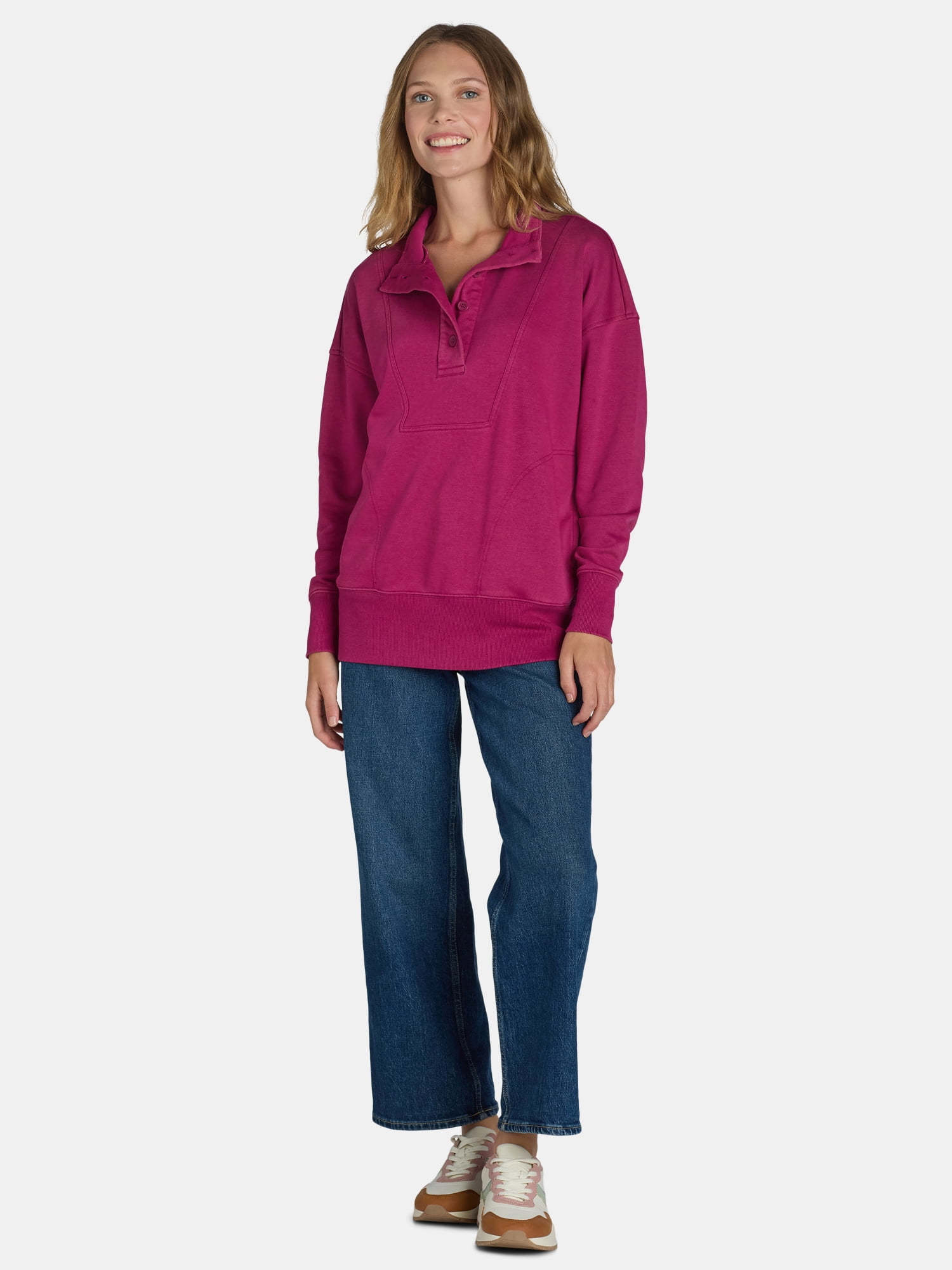 Time and Tru Women's Mock Neck Sweatshirt with Button Placket, Sizes XS-XXXL