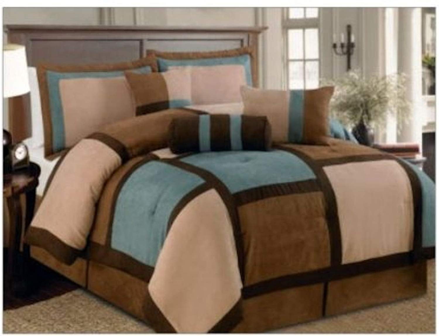 7 Pc Beige Brown Black Micro Suede Patchwork Comforter Bedding Set Size Washable 