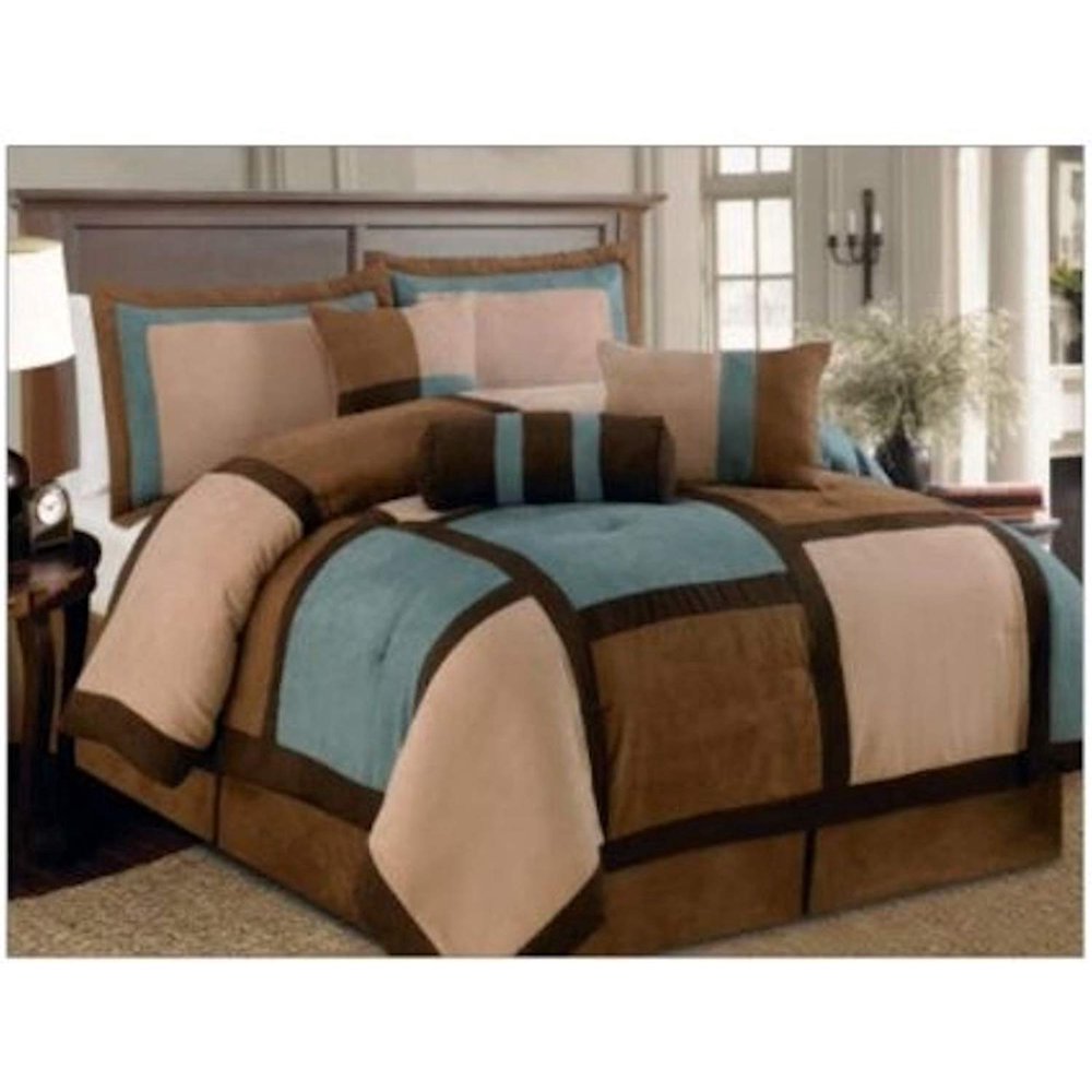 Legacy Decor 7 piece Aqua, Brown and Beige Micro Suede Patchwork Comforter Set Machine Washable