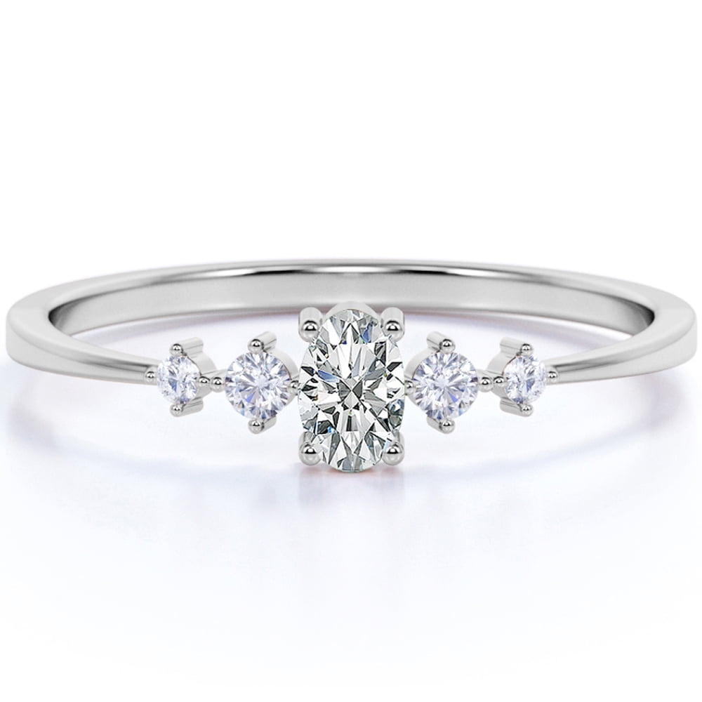 Oval Cut Moissanite and 4 Stone Diamond Fashion Dainty Ring in 10k ...
