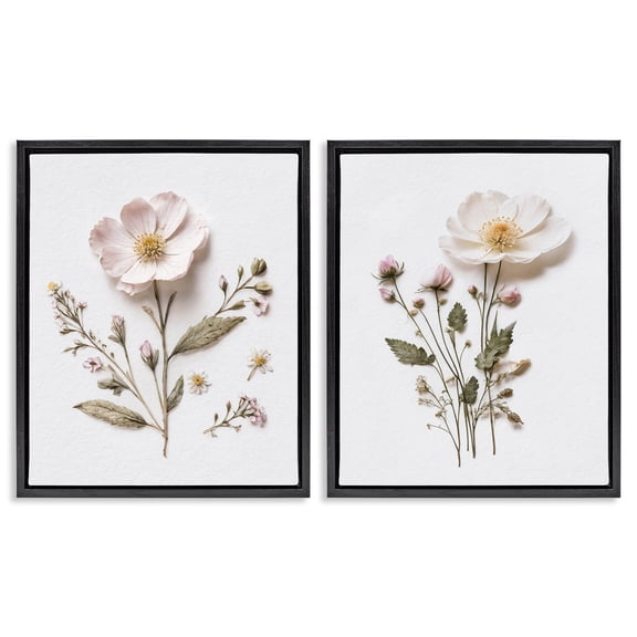 Minimal Pressed Flowers 2 Piece Black Framed Floater Canvas Set, design by Lettered and Lined