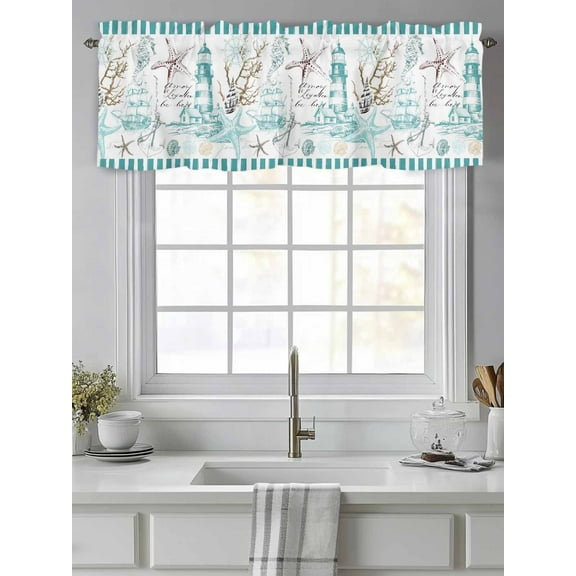 Curtain Valance for Windows,Nautical Anchor Starfish Lighthouse Kitchen Valances Rod Pocket Short Curtains,Ocean Shell Vintage Teal Stripe Window Treatment Panel for Bedroom Bathroom 42"x12"