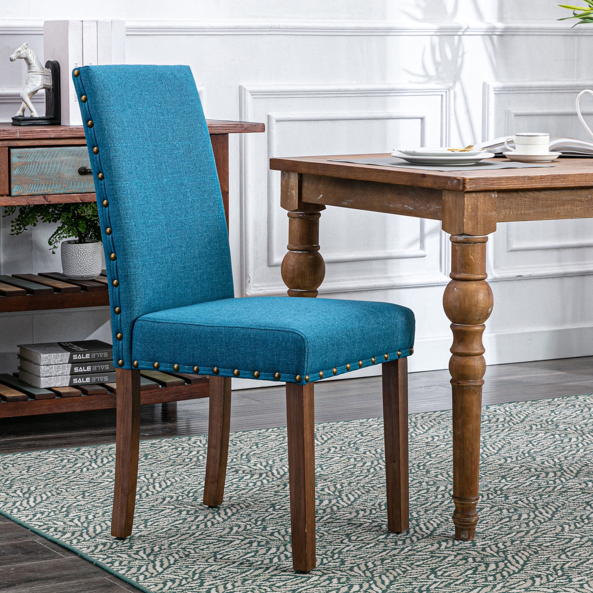 Snugway Dining Chair Handcraft Blue Linen Solid Wood Parson Chair,Set