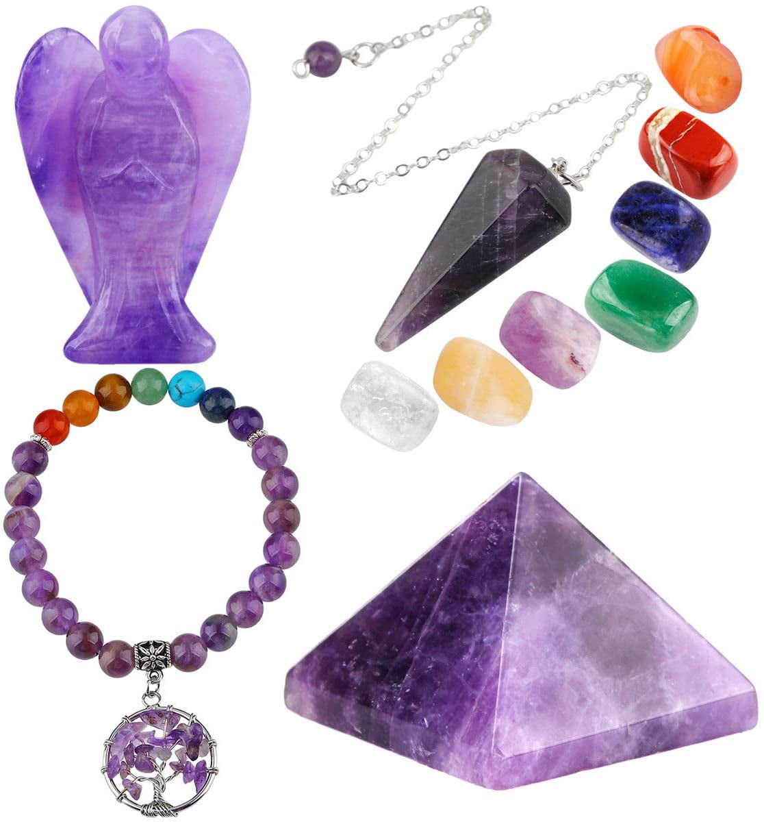 Amethyst Sphere Pendulum on Chain with 7 Chakras Beads Dowsing Reiki Healing 