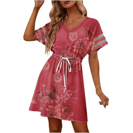 

Women s 2023 Summer Lace Splicing Short Sleeve Smocked Floral Dress V eck Lace Flowy Tiered Mid Dresses