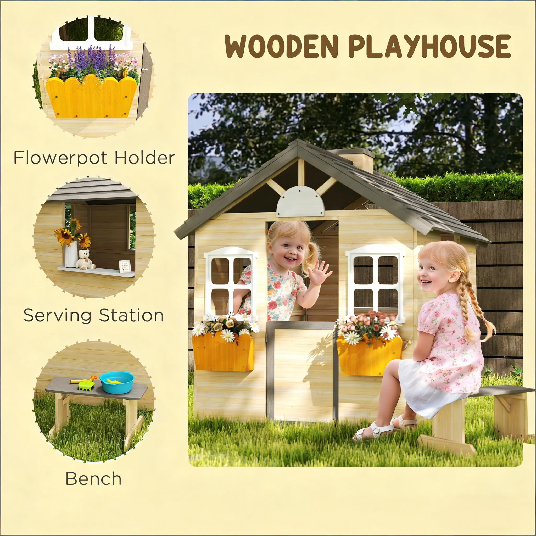 Kids Wooden Outdoor Playhouse with Bench, Service Station & Flowerpot Holders, Fir Wood Play House with Half Door & Windows, Tilted Roof, for Ages 3–7
