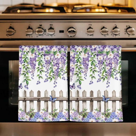 Spring Purple Flowers Kitchen Towels Set of 2, Farmhouse Leaves Fences Watercolor Absorbent Dish Towels for Kitchen, Microfiber Hand Towel, Quick Drying Tea Towel for Cleaning Decorative Dishcloths