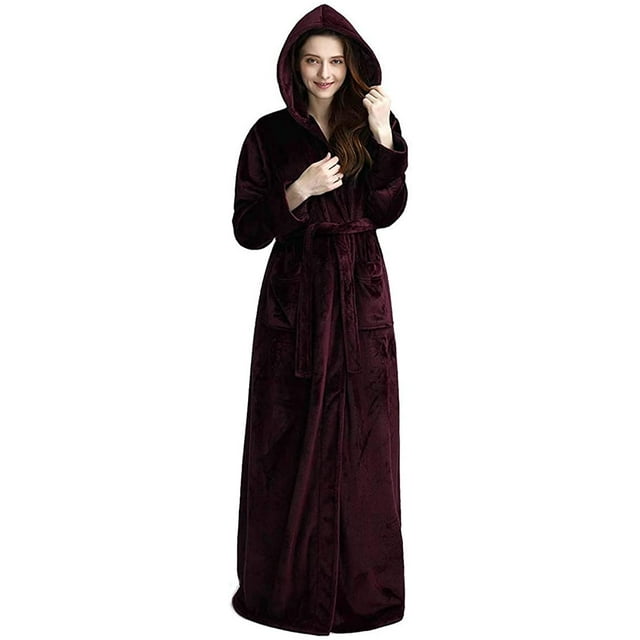 Longue Robe à Capuche pour Femmes en Molleton de Flanelle Luxueux, Peignoir Pleine Longueur, Pyjama d'Hiver Chaud, Robe de Nuit de Douche