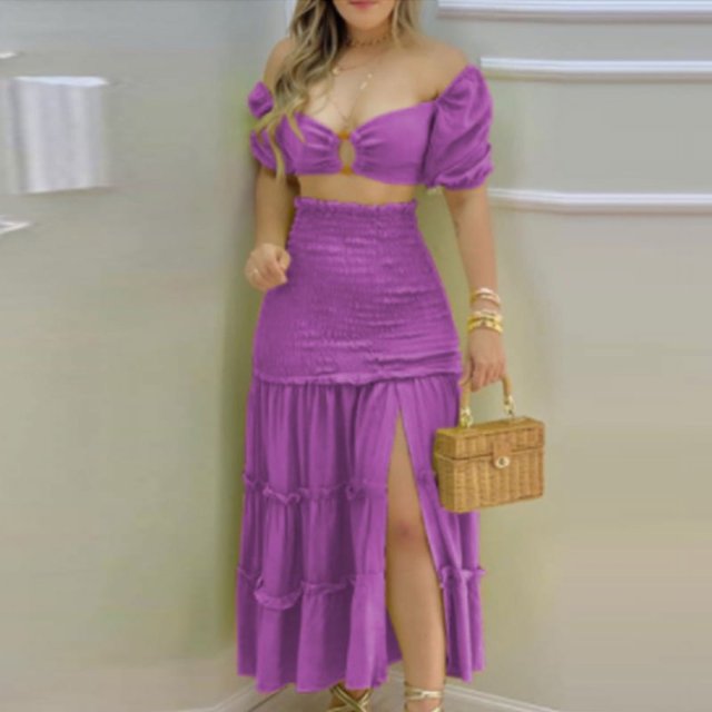 Europe and America Summer New Women‘s Off-shoulder Printed Split Skirt Two-piece Set