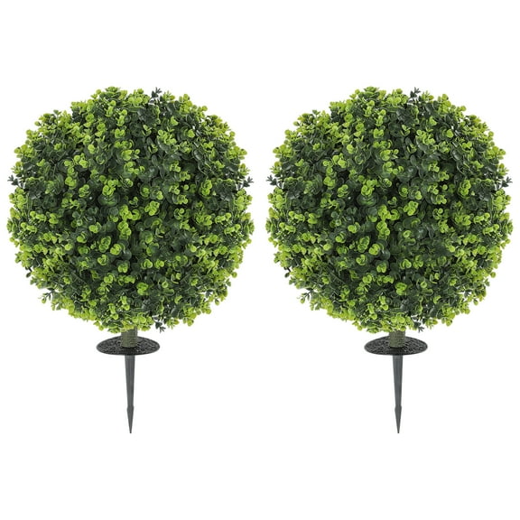 HOMCOM 2 PCs Artificial Eucalyptus Topiary Ball w/ Ground Stake, Green