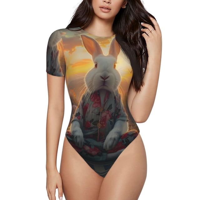 Balery Flower Meditating Rabbit Body de cuello redondo de manga corta para mujer Tops de manga corta Tops básicos-Small