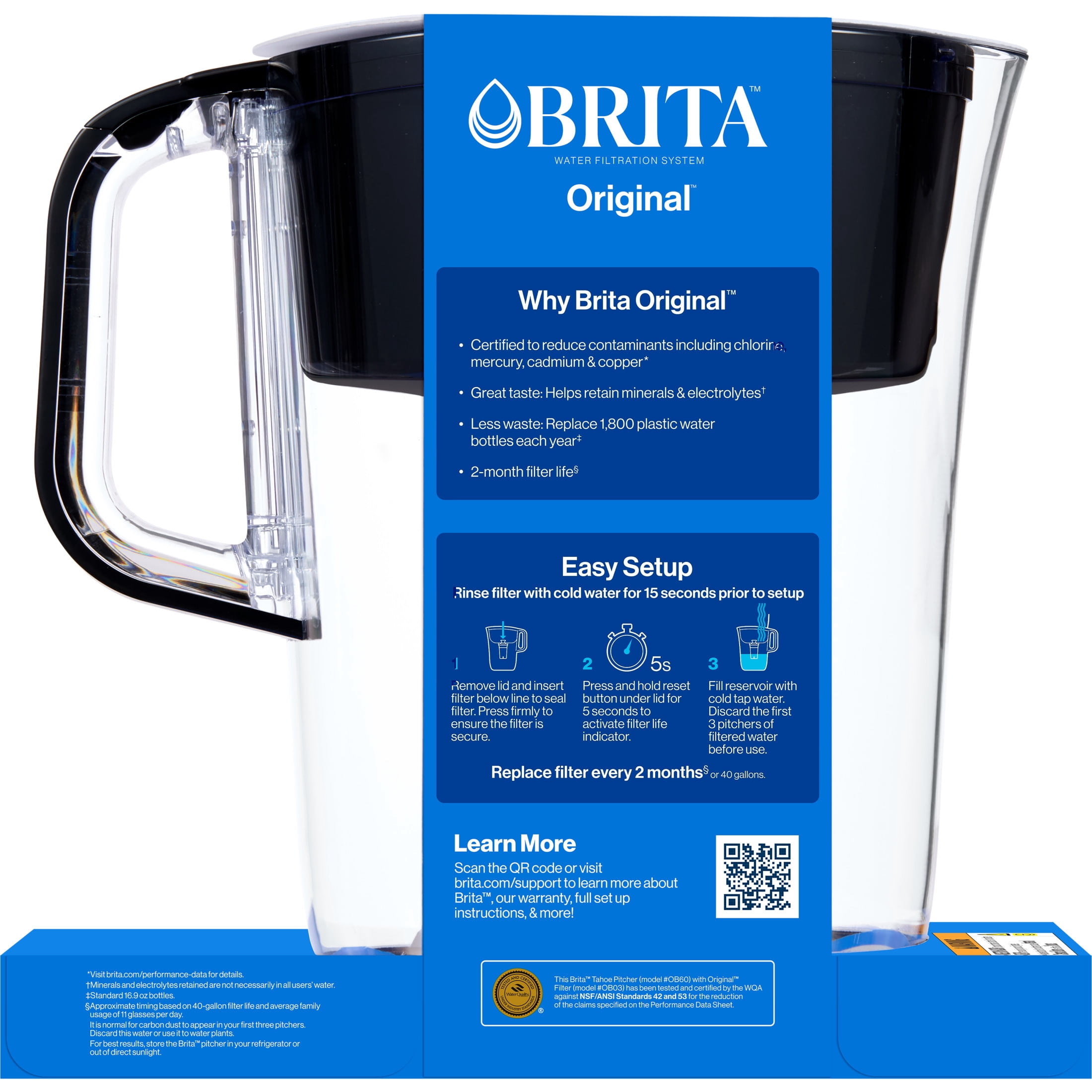 Brita 10 Cup Large Plastic Water Filter Pitcher, Black, BPA Free with 1 Standard Brita Filter