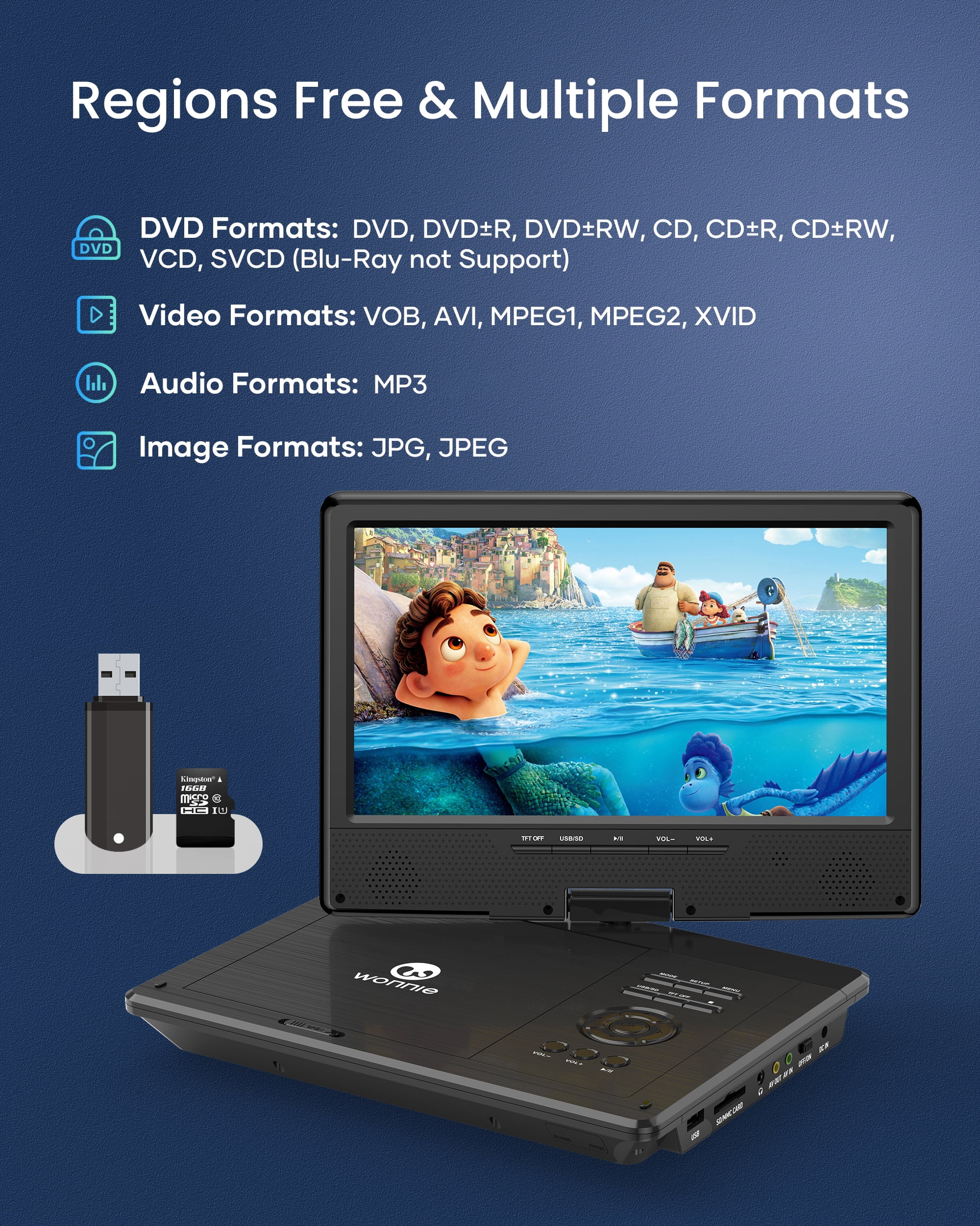 WONNIE 12.5" Portable DVD Player, Premium 10.5" HD Swivel Screen CD Player for Kids, Built in 5 hours Rechargeable Battery Car Player Support USB/SD Card/Sync TV (Car Headrest Holder Included)