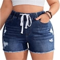 thumbnail image 2 of Women's Elastic Waist String High Waist Shorts Slim Hole Wash Jeans Shorts Drawstring Plus Size Casual Shor Blue L, 2 of 6